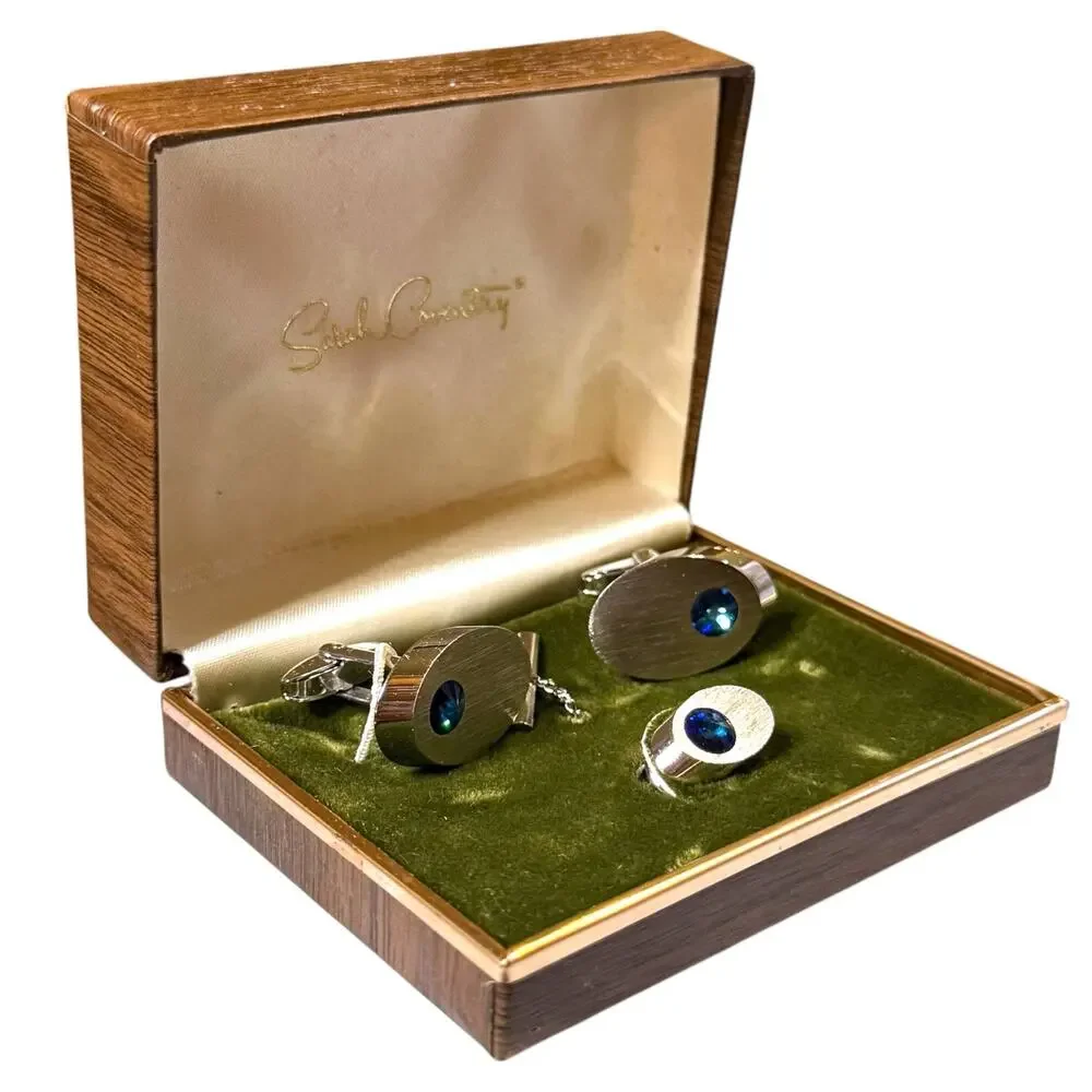 Vintage Sarah Coventry Cufflinks and Tie Pin Mens Silver Tone Blue Glass Jewel